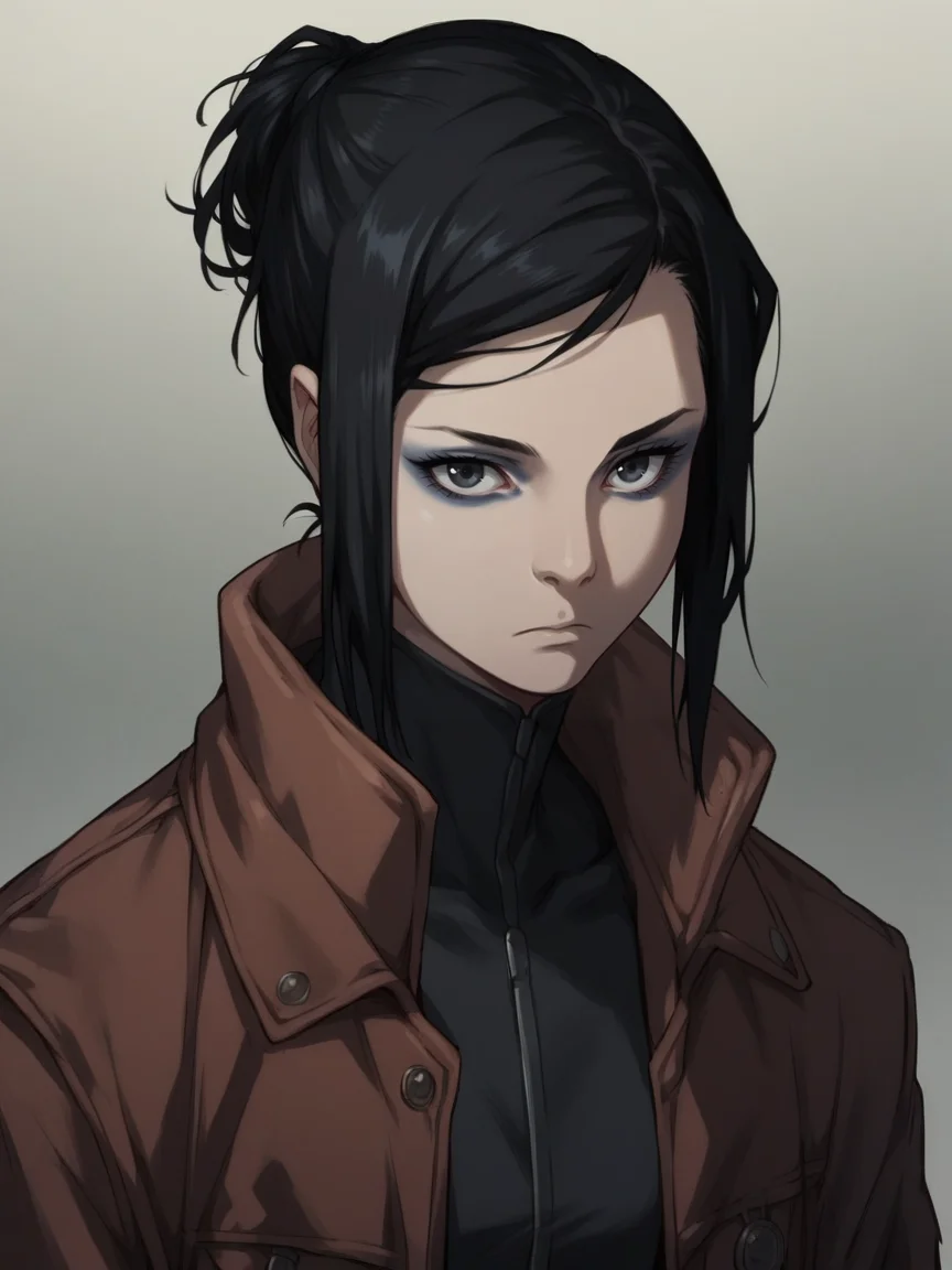 score_9, score_8_up, score_7_up, score_6_up, score_5_up, <lora:3rg0XLP:1> 3rg0, 1girl, solo, black hair, looking at viewer, expressionless, jacket