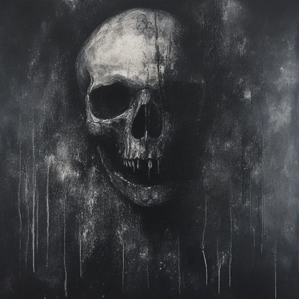 novuschroma64 style, one half of a human skull which has been fractured and detoriated after many long years
