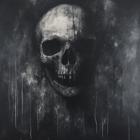 novuschroma64 style, one half of a human skull which has been fractured and detoriated after many long years
