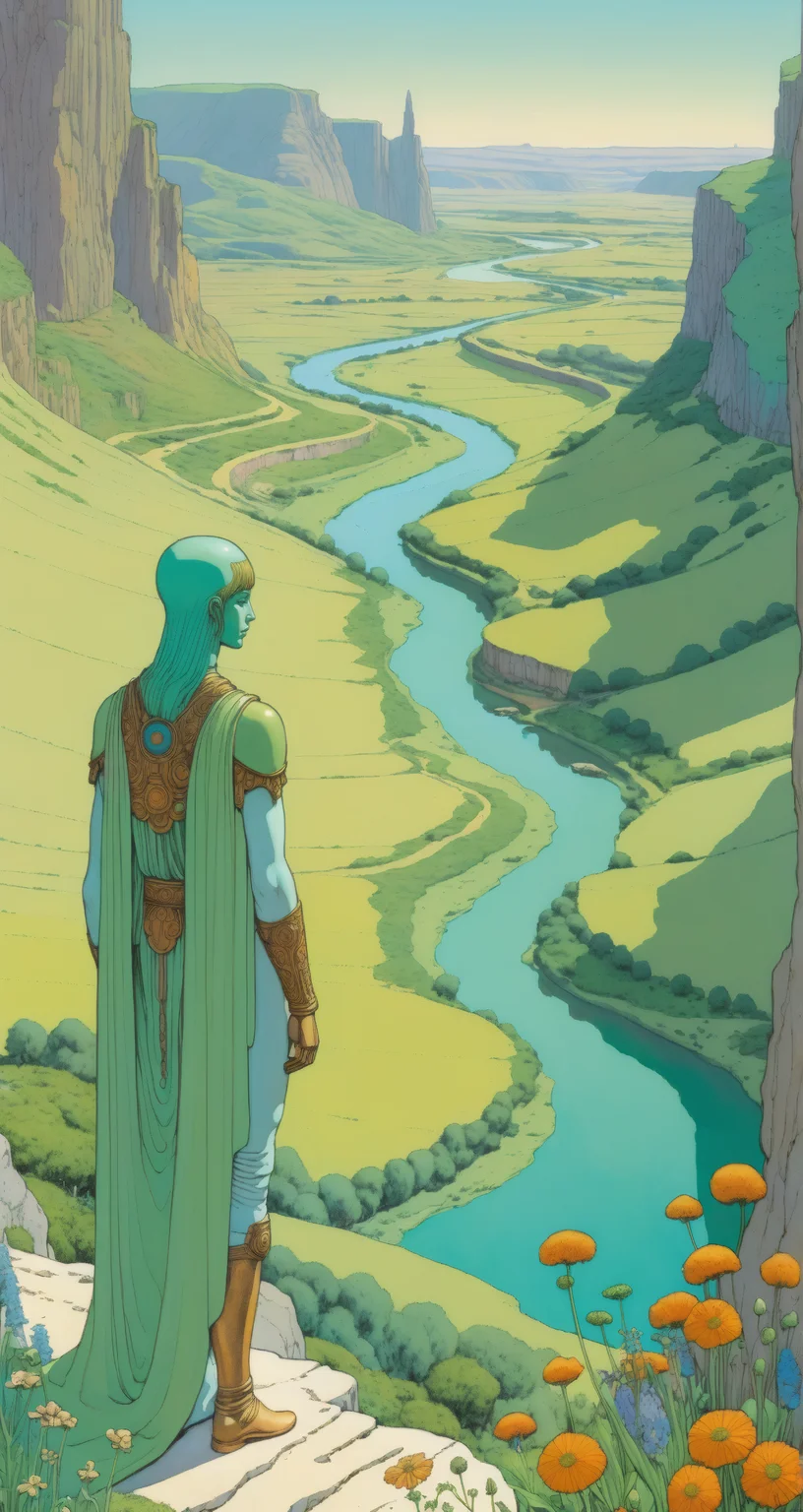 <lora:Moebius_Diffusion.safetensors:1.0>, A lush valley with wildflowers and a serene river, a distant colossal statue of an ancient god, green and bronze, the statue valley, in the style of Jean Giraud, in the style of Moebius