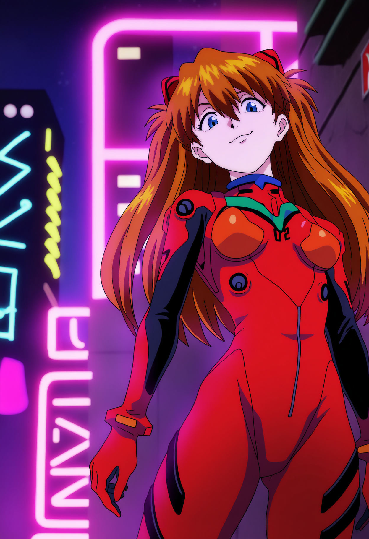 best quality, amazing quality, very aesthetic, absurdres,
1girl, asuka langley, red plugsuit, standing, smug, looking at viewer, futuristic background, neon light , buildings, night,  <lora:AttackOnTitanNoobLocon_byKonan:1>