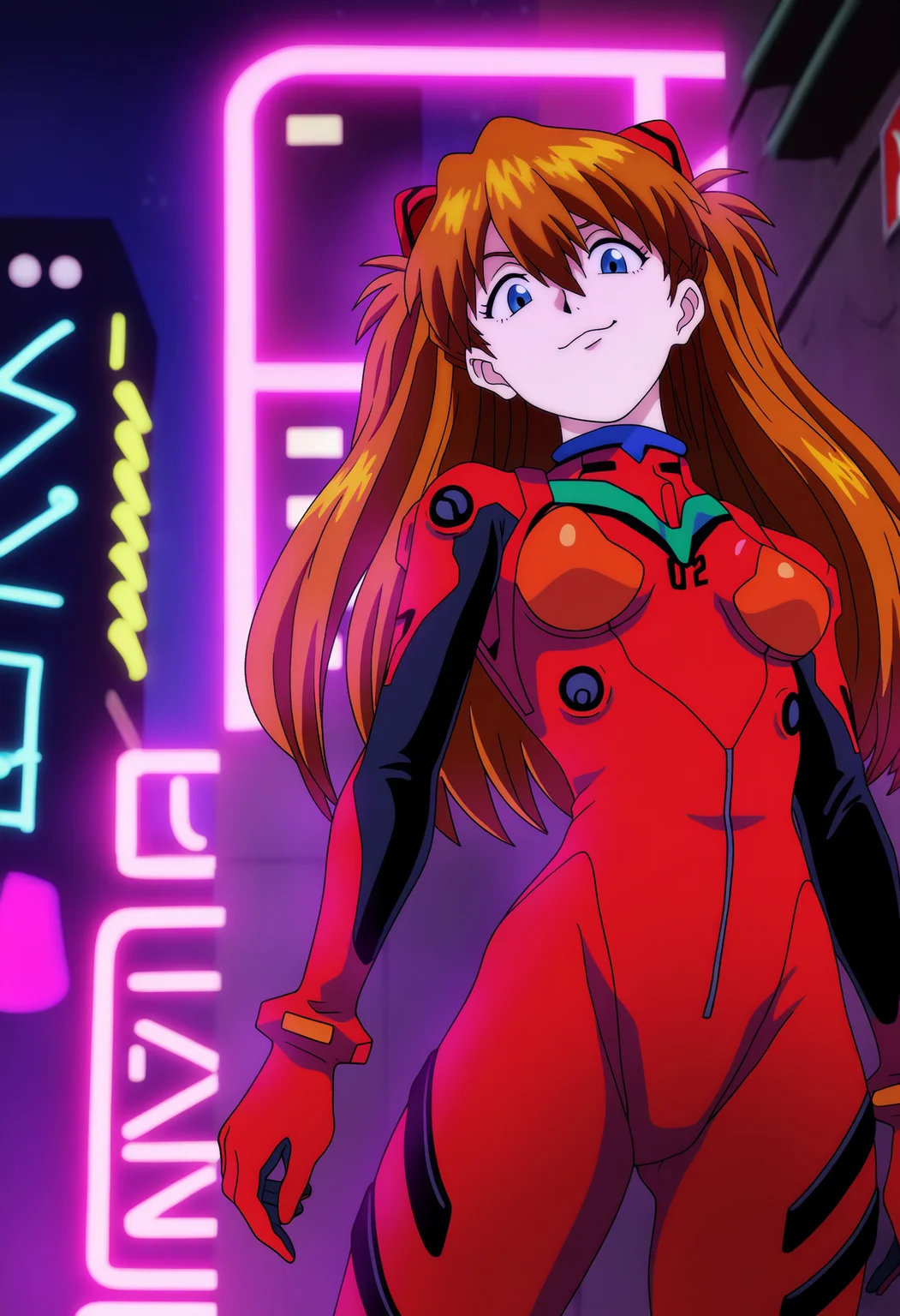 best quality, amazing quality, very aesthetic, absurdres,
1girl, asuka langley, red plugsuit, standing, smug, looking at viewer, futuristic background, neon light , buildings, night,  <lora:AttackOnTitanNoobLocon_byKonan:1>
