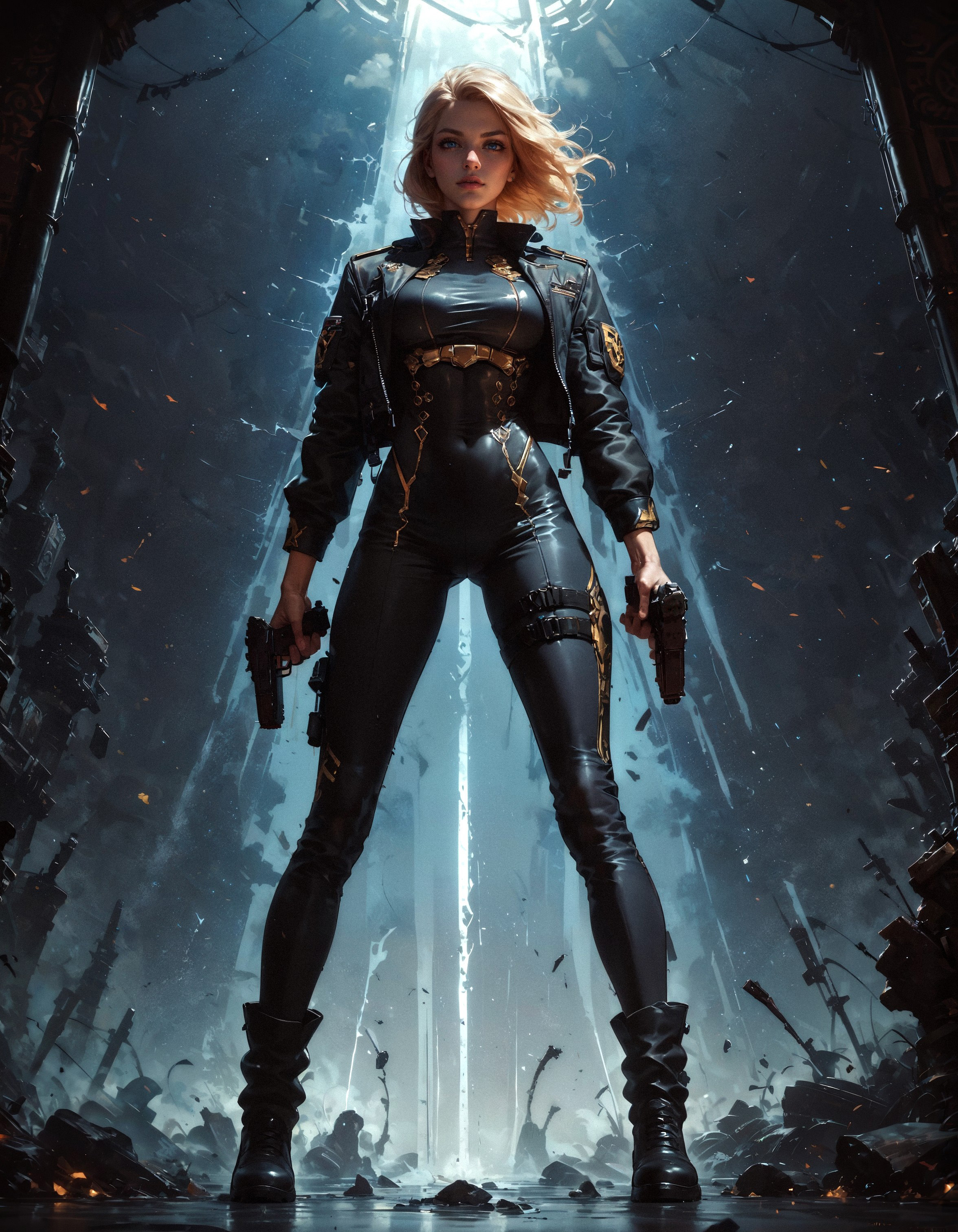 score_9, score_8_up, score_7_up, score_6_up, score_5_up, score_4_up,  1girl, full body, standing, legs apart, black pants, black shoes, holding gun, aiming, aiming at viewer, finger on trigger, two handed, FBI agent, blonde hair, short hair, posing, female focus, black suit, black uniform, solo, perfect female body, perfect eyes, posing for magazine, shiny skin, golden trim