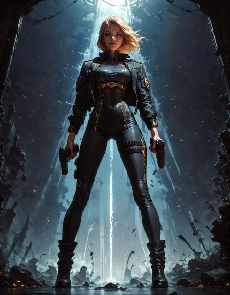 score_9, score_8_up, score_7_up, score_6_up, score_5_up, score_4_up, 1girl, full body, standing, legs apart, black pants, black shoes, holding gun, aiming, aiming at viewer, finger on trigger, two handed, FBI agent, blonde hair, short hair, posing, female focus, black suit, black uniform, solo, perfect female body, perfect eyes, posing for magazine, shiny skin, golden trim