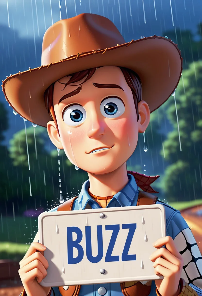 Woody from toy story with cowboy hat, big sad eyes with tears, looking at viewer, holding a sign that says “Need BUZZ”, text, It is pouring down rain.