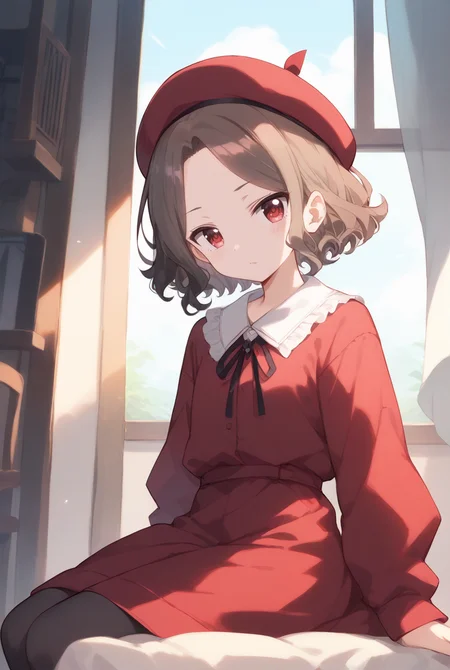 (score_9,score_8_up,score_7_up, ),<lora:GBC_TOMO_v2_pony-000030:1>,
GBC_TOMO,1girl,black pantyhose,short hair,red dress,brown hair,beret,neck ribbon,indoors,long sleeves,red eyes,smile,closed mouth,wavy hair,collared shirt,