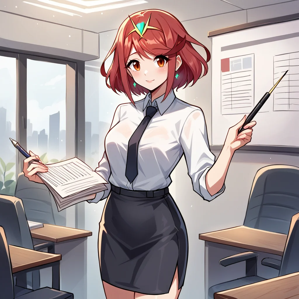 score_9, score_8_up, score_7_up, score_6_up, score_5_up, score_4_up, zPDXL2,source_anime,rating_questionable, 1girl, solo, standing, looking at viewer,  office interior, office lady, white button shirt, black pencil skirt, Pyra Xenoblade   ,<lora:Presentation:0.7> pr3s3nt4tion, office wear, holding pointer, graph_/(object/), giving presentation, looking at viewer, interior, crowd