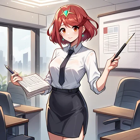 score_9, score_8_up, score_7_up, score_6_up, score_5_up, score_4_up, zPDXL2,source_anime,rating_questionable, 1girl, solo, standing, looking at viewer,  office interior, office lady, white button shirt, black pencil skirt, Pyra Xenoblade   ,<lora:Presentation:0.7> pr3s3nt4tion, office wear, holding pointer, graph_/(object/), giving presentation, looking at viewer, interior, crowd