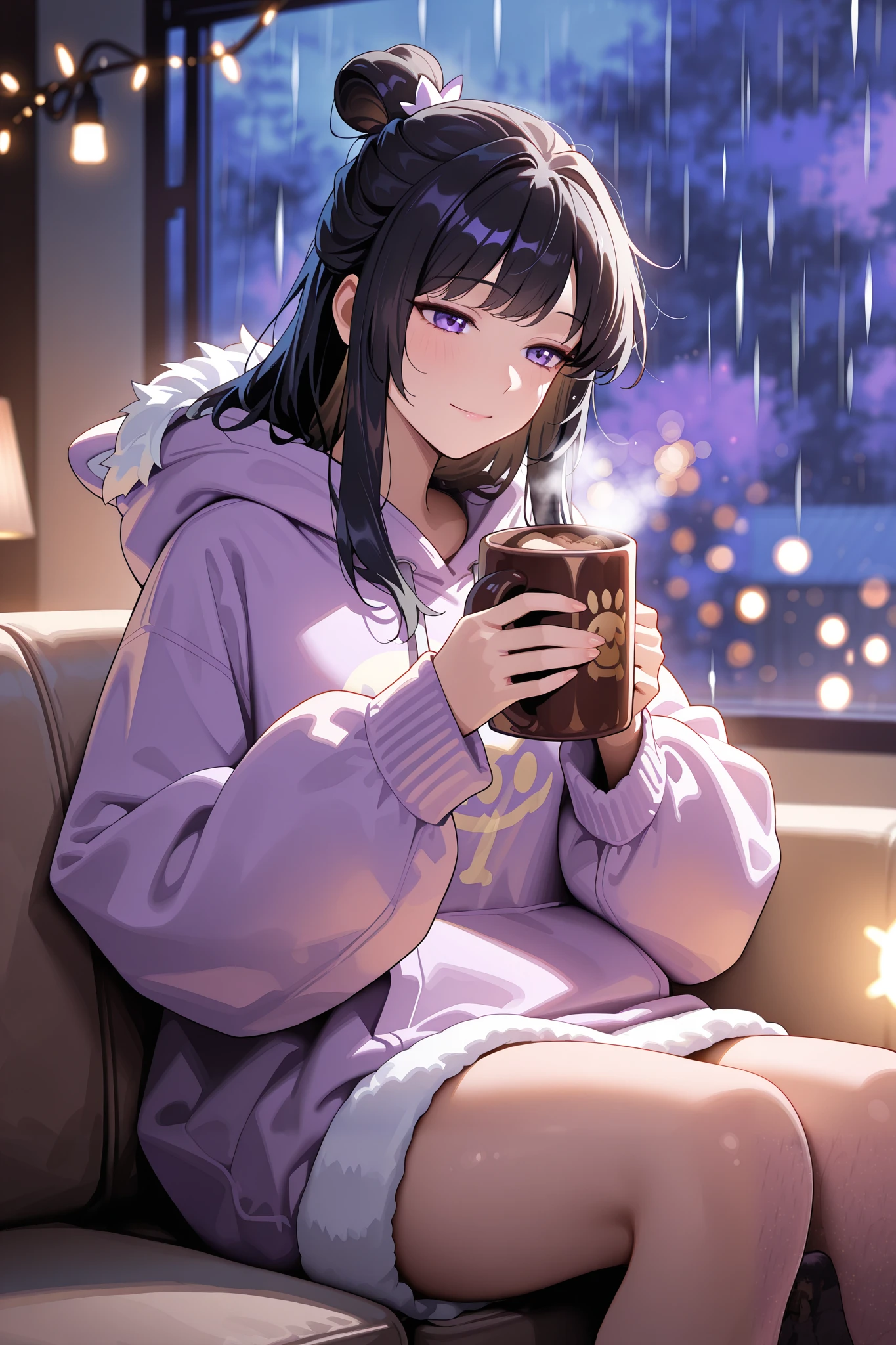 Masterpiece, best quality, ultra-detailed, absurdres, newest, cinematic, soft atmosphere,  
1girl, solo, kagurawater, long black hair, bangs, sidelocks, purple eyes, hairbun, oversized bear hoodie, fluffy soft fabric, large hoodie covering hands, sitting on sofa, holding warm cocoa mug, sleepy expression, soft smile, rain outside window, warm room lighting, blurred fairy lights, cozy ambiance, cinematic depth of field, painterly aesthetic, ultra sharp details  
