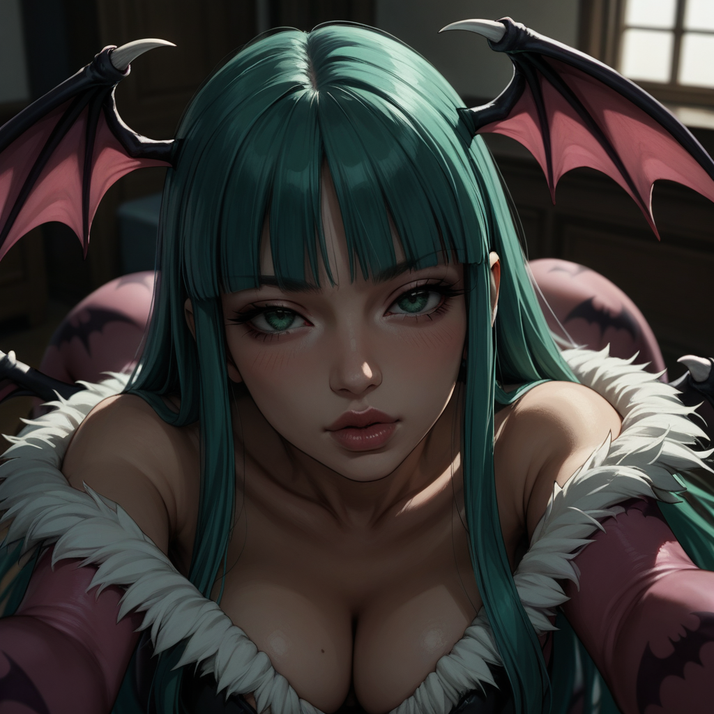 score_9, score_8_up, score_8, (source_anime),  imminent_kiss, incoming kiss, POVkiss, lips, BREAK, Morrigan Aensland, blush, perfect face, 1woman, 22 years old, MorriganAe, hime_cut, emerald_green hair, green eyes, blunt bangs, fur trim, bridal gauntlets, print pantyhose, bat print, cleavage, 1woman, POV, incoming_kiss, ahoge, detailed eyes, blush, lips, depth_of_field, solo focus, blurry_background, imminent_kiss, incoming kiss, reaching_out