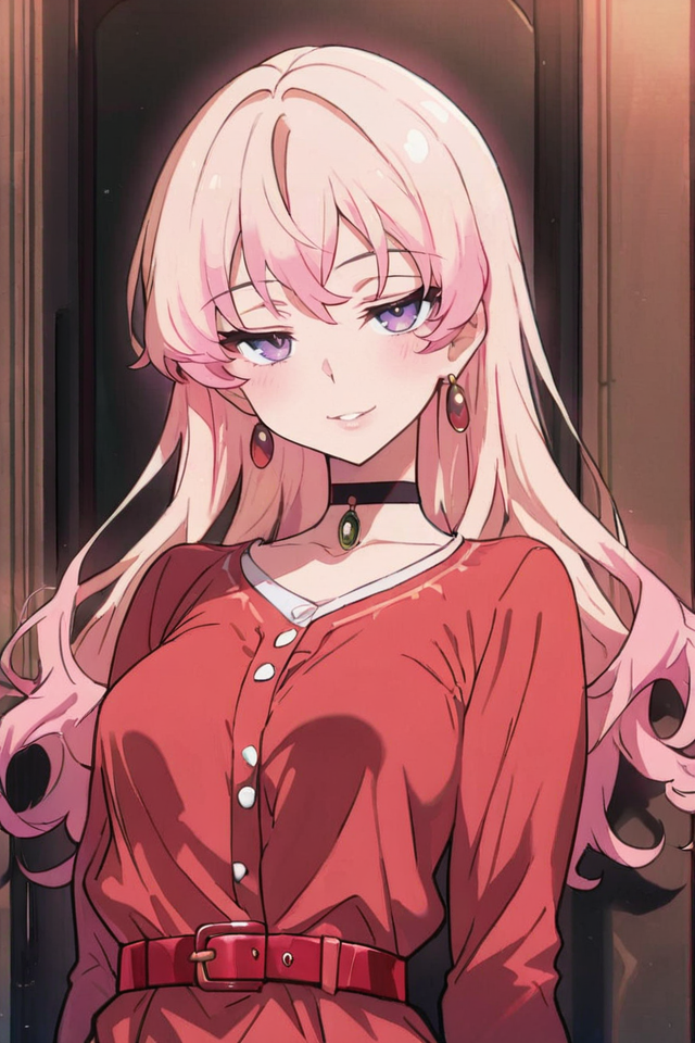 PonyScores, Expressiveh, (score_9, score_8_up, score_8, ASCII score_9), Rating 9, Rating 8, Rating 7, (masterpiece, best quality:1.2), 1girl, solo, (beautiful anime girl:1.3), (wakatsuki niko style), front view, eye-level, long blonde hair, pink highlights, purple eyes, red dress, long sleeves, black choker, (seductive smile), (natural breasts), blush, (dynamic pose), red belt, (arms at sides), (arms relaxed), (hands by sides), seductive smile, blonde hair, pink hair, multicolored hair, gradient hair, looking at viewer, long hair, <lora:WakatsukiNikoillusApexAi:0.7>, <lora:GLSHS-IL:1>, GLSHS, delicate colors, partially illuminated,