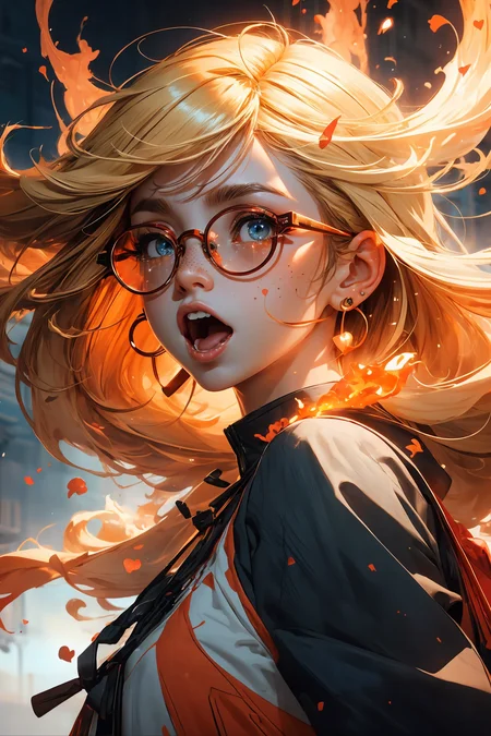 blond hair, long hair, (round glasses:1.1), freckles, earrings, 
(upper body:1.1), particles, sparkles, flames, tears, crying, shouting, mouth open, 
bangs, hearts, 
<lora:more_details:0.3>
 <lora:Cosmic anime-oil fusion v2:0.3> 
<lora:AnimeVibesV3:0.25> animevibes, 
<lora:3DMM_V11:0.35> 3DMM 
<lora:midjourney_20230624181825:0.35> midjourney ,
 <lora:LAS:0.3> colorful, 
<lora:msw_locon-t2:0.3>
 <lora:wuxia2:0.4> gu, shiny, shiny hair, shiny skin, shiny clothes
