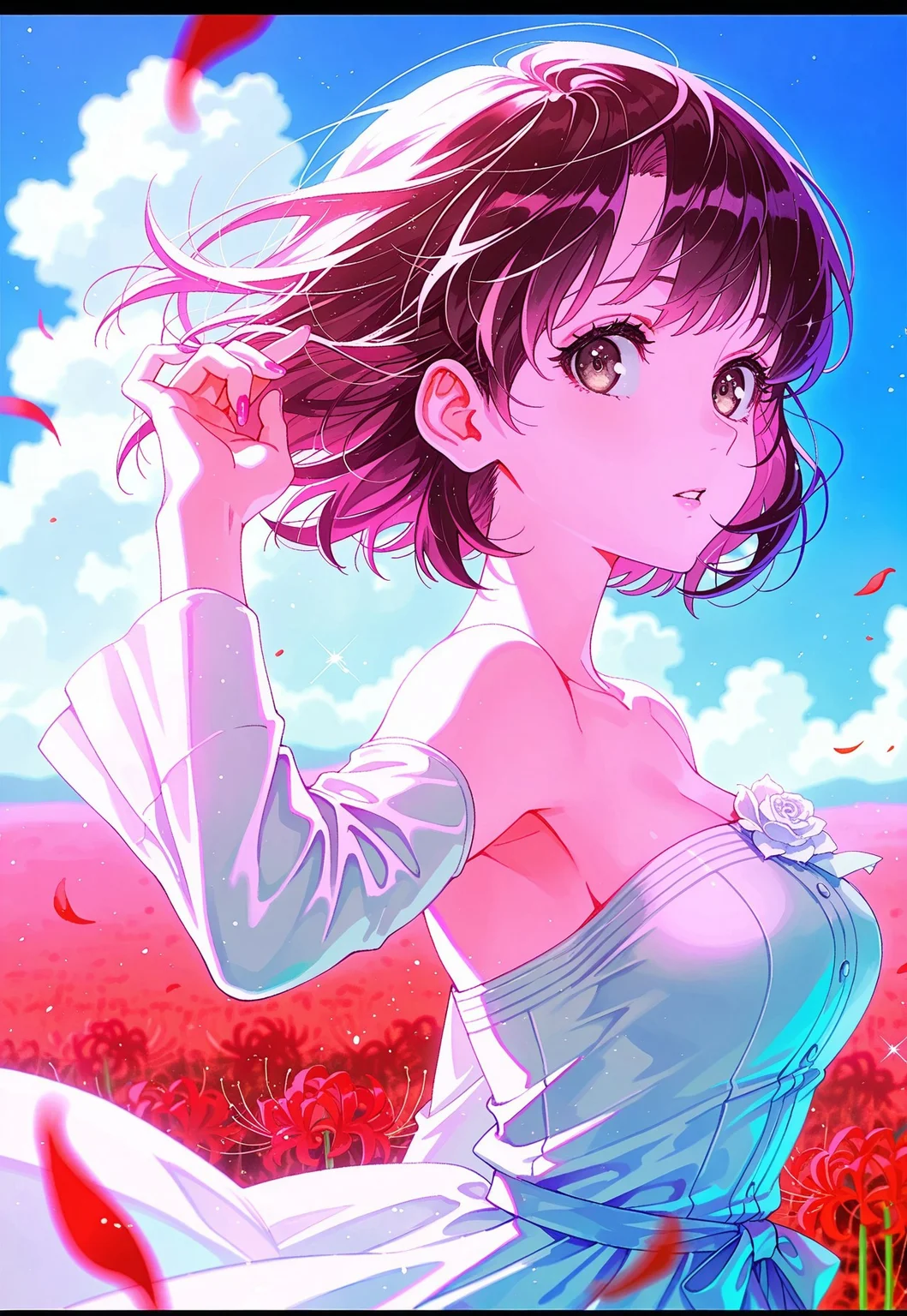 safe_pos, (mika pikazo:0.1),(quasarcake:0.1),(yoneyama mai:0.1), 1girl,Megumi <lora:IL-KatoMegumi:0.8>,brown hair,katou megumi,brown eyes,medium breasts,short hair, original, bare shoulders, blue sky, blurry, depth of field, field, flower, flower field, letterboxed, light particles, looking at viewer, red flower, sky, solo, spider lily, upper body, day, white flower, eyelashes, pink nails, sparkle, medium breasts, outdoors, from side, rose, detached sleeves, looking to the side, breasts, tareme, petals,wind, teeth, dress, parted lips, strapless, floating hair, strapless dress, cloud, armpits, hand up, wind lift, red theme, white dress, nail polish,((finger fix))