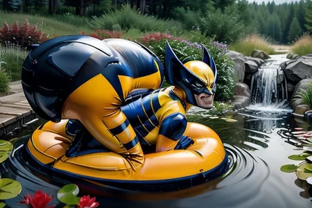 wolverine mask, muscular butch woman, (pooltoy:0.8), floating on pond, canadian wilderness masterpiece ,best quality, side view, full body, sideview, short, (wolverine costume), solo, claws, smile