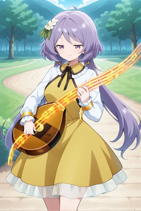 absurdres, highres, masterpiece, best quality, amazing quality, official anime artwork, screencap, anime screencap, outdoors, looking at viewer, light smile, dynamic pose, standing,
<lora:Tsukumo-Benben_Illustrious:1> tsukumo benben, 1girl, solo, purple eyes, purple hair, long hair, twintails, ahoge,, hair flower, white flower, yellow dress, frilled dress, long sleeves, biwa lute, playing, music,