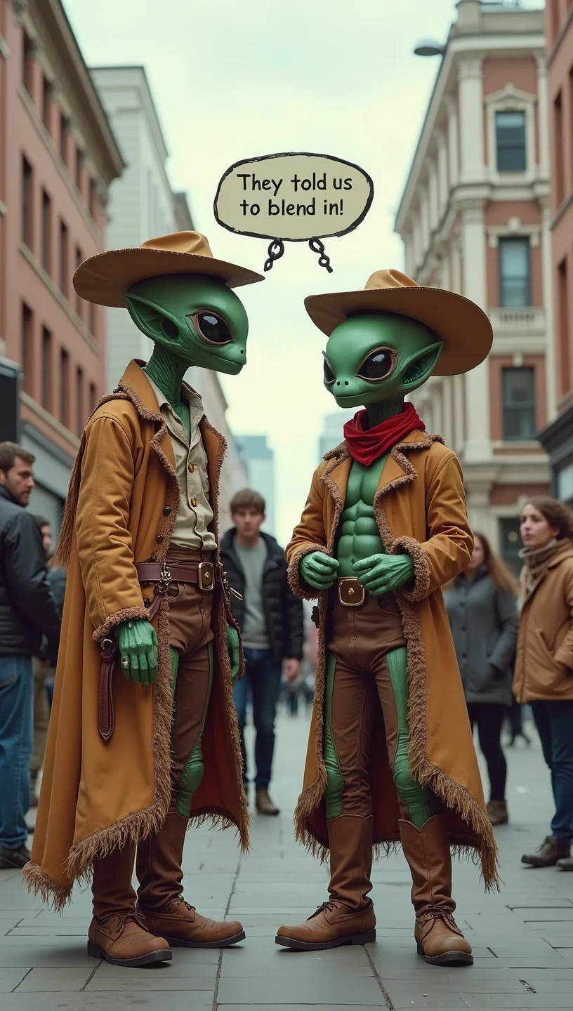 Aliens dressed as cowboys in a modern city street with a thought bubble next to their head with the words They told us to blend in!, humans staring at them in surprise, surreal unusual picture, intricate detail, out of this world image.