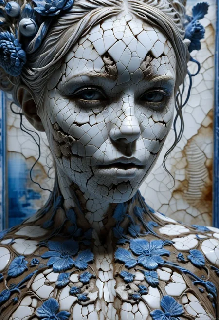 Close-up porcelain face, mysterious silhouette of a porcelain woman in worn down porcelain clothing, white and blue porcelain, alluring goddess, by Minjae Lee, Carne Griffiths, Emily Kell, Steve McCurry, Geoffroy Thoorens, Aaron Horkey, Jordan Grimmer, Greg Rutkowski, amazing depth, double exposure, surreal, geometric patterns, intricately detailed, bokeh, perfect balanced, deep fine borders, artistic photorealism , smooth, great masterwork by Suiras <lora:add-detail-xl:2> <lora:Double_Exposure:0.5>