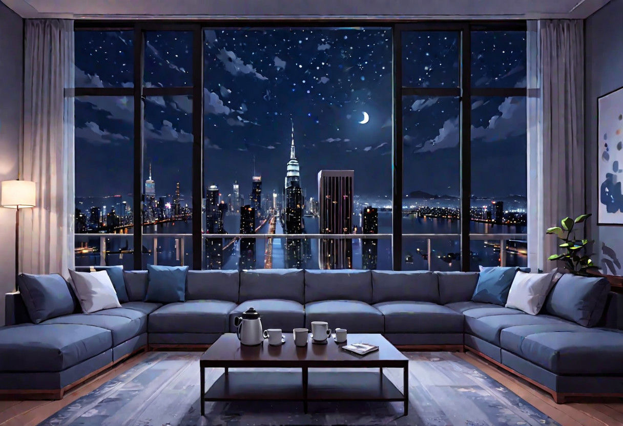 ((((front view)))), Shallow scene, ((animation style)), (((City high-rise building scenery))), ((((City scenery outside the window)))), ((sense of mystery)), (night), starry sky, moonlight, (weak light), (Facing the window), (open window), modern-style interior,  ((((sofa and coffee table by the window sill)))), Wooden floor, with white walls, (large windows), carpet, a living room, (((Sofa placed horizontally))), (Behind the sofa is the window sill),