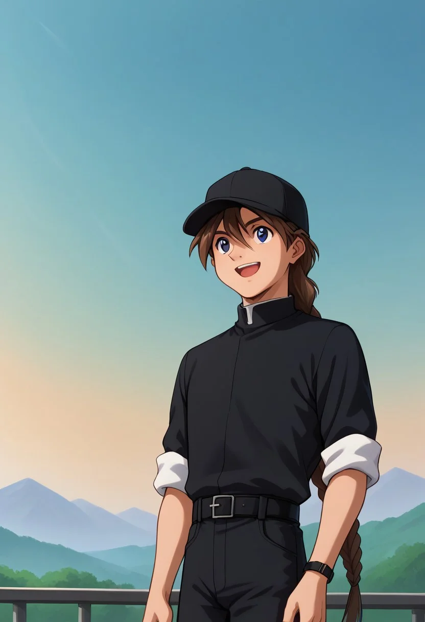 score_9, score_8_up, score_7_up, source_anime, highly detailed,
duomaxwell, 1boy, male focus, solo, brown hair, braid, single braid, long hair, smile, very long hair, blue eyes, shirt, black shirt, sleeves rolled up, belt, black pants, priest collar, hat, baseball cap, black headwear, open mouth, smile,
outdoor, sky,