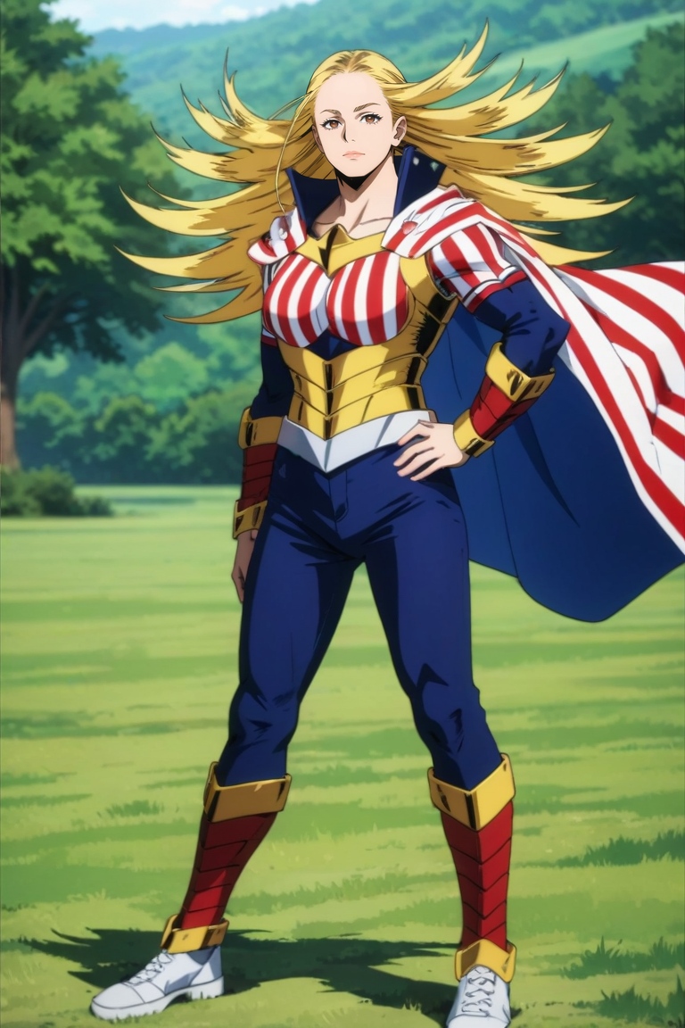 score_9, score_8_up, score_7_up, source_anime, rating_safe, , (realistic:0.6), looking at viewer, depth of field, 1girl, solo, <lora:cathleen_bate_pony:0.98>, cathleen_bate, blonde hair, brown eyes, long hair, superhero, cape, , bodysuit, , cowboy shot, grass, tree, dusk, hand on hip, giggling, striped shirt, horizontal stripes, jeans, gradient footwear, socks, <lora:sdxl_lightning_8step_lora:1>