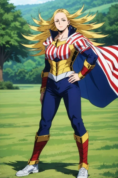 score_9, score_8_up, score_7_up, source_anime, rating_safe, , (realistic:0.6), looking at viewer, depth of field, 1girl, solo, <lora:cathleen_bate_pony:0.98>, cathleen_bate, blonde hair, brown eyes, long hair, superhero, cape, , bodysuit, , cowboy shot, grass, tree, dusk, hand on hip, giggling, striped shirt, horizontal stripes, jeans, gradient footwear, socks, <lora:sdxl_lightning_8step_lora:1>
