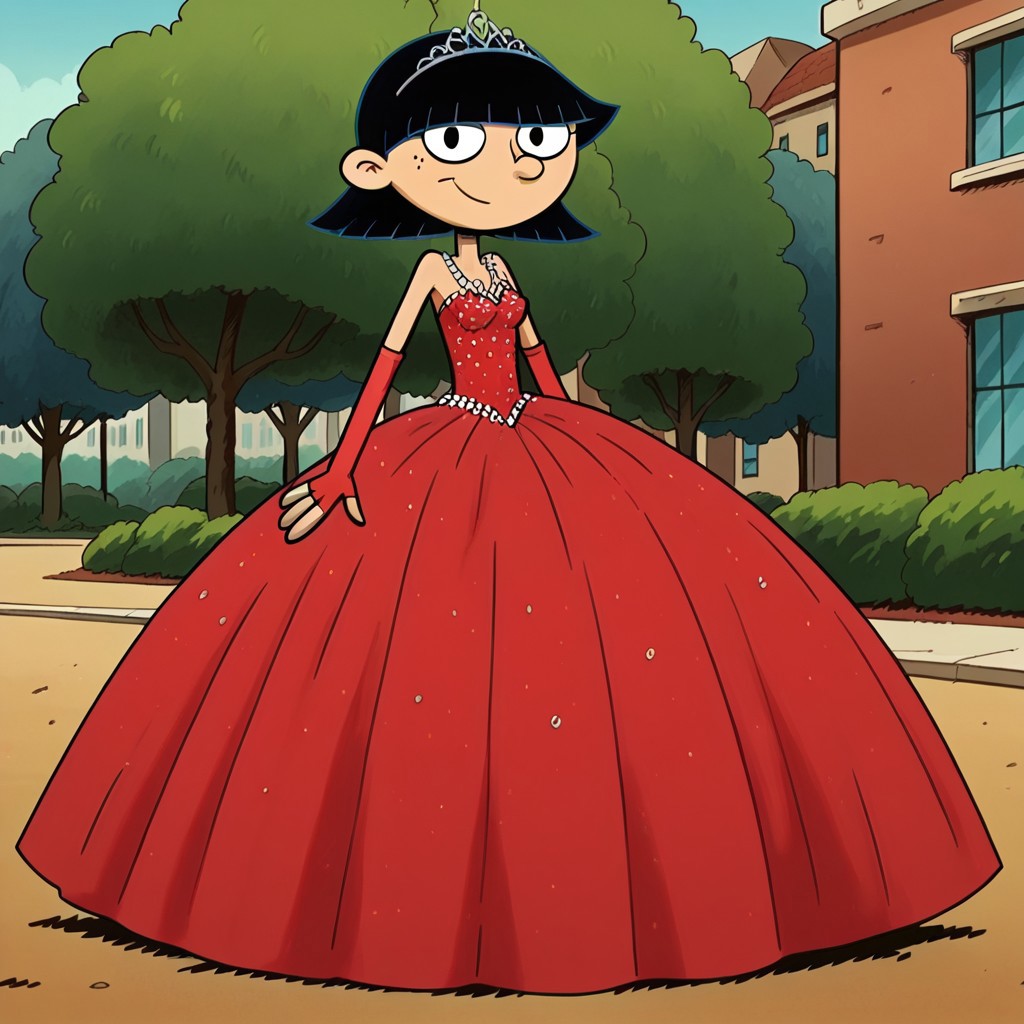 score_9_up,score_8_up,score_7_up,score_6_up,score_5_up,score_4_up BREAK rhonda,black hair, black eyes, bob cut, blunt bangs, Very large red floor length gown, ball gown, rhimestones. She is also wearing a tiara, hoop skirt, dome shape skirt, quinceanera, prom, pageant, long elbow length red fingerless Satin bridal gloves, contrapposto, hand on own hip, park, tree, building,smile,arm at side, leaning to the side, dutch angle, looking at viewer,    <lora:RhondaPony:1>