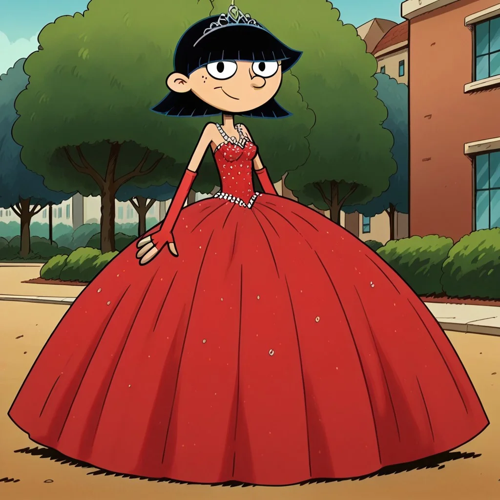 score_9_up,score_8_up,score_7_up,score_6_up,score_5_up,score_4_up BREAK rhonda,black hair, black eyes, bob cut, blunt bangs, Very large red floor length gown, ball gown, rhimestones. She is also wearing a tiara, hoop skirt, dome shape skirt, quinceanera, prom, pageant, long elbow length red fingerless Satin bridal gloves, contrapposto, hand on own hip, park, tree, building,smile,arm at side, leaning to the side, dutch angle, looking at viewer,    <lora:RhondaPony:1>