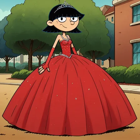 score_9_up,score_8_up,score_7_up,score_6_up,score_5_up,score_4_up BREAK rhonda,black hair, black eyes, bob cut, blunt bangs, Very large red floor length gown, ball gown, rhimestones. She is also wearing a tiara, hoop skirt, dome shape skirt, quinceanera, prom, pageant, long elbow length red fingerless Satin bridal gloves, contrapposto, hand on own hip, park, tree, building,smile,arm at side, leaning to the side, dutch angle, looking at viewer, <lora:RhondaPony:1>