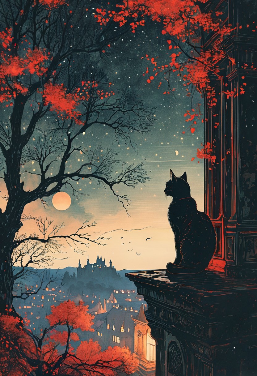 linquivera,  Ink illustration, (anime:0.5), brown tones, aged black red paper, inkpunk, moonlight,surreal, a cat on a castle balcony in the forest, (at a distance), Will-o'-the-wisp, moonlit, lonely, solitude, windy, tall trees, willows, willowy,  OverallDetail, extremely detailed, UHD,(long exposure , dystopian but extremely beautiful:1.4),