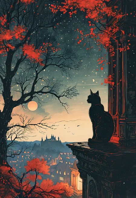 linquivera,  Ink illustration, (anime:0.5), brown tones, aged black red paper, inkpunk, moonlight,surreal, a cat on a castle balcony in the forest, (at a distance), Will-o'-the-wisp, moonlit, lonely, solitude, windy, tall trees, willows, willowy,  OverallDetail, extremely detailed, UHD,(long exposure , dystopian but extremely beautiful:1.4),