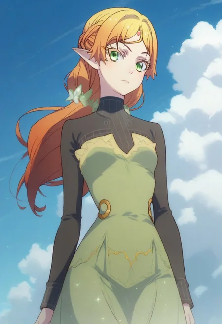 score_9, score_8_up, score_7_up, professional anime,HD,1girl,solo, (elf from isekai ojisan), perfect body,short female,petite body,wide hips,cute girl,elf, ccc,dress,
