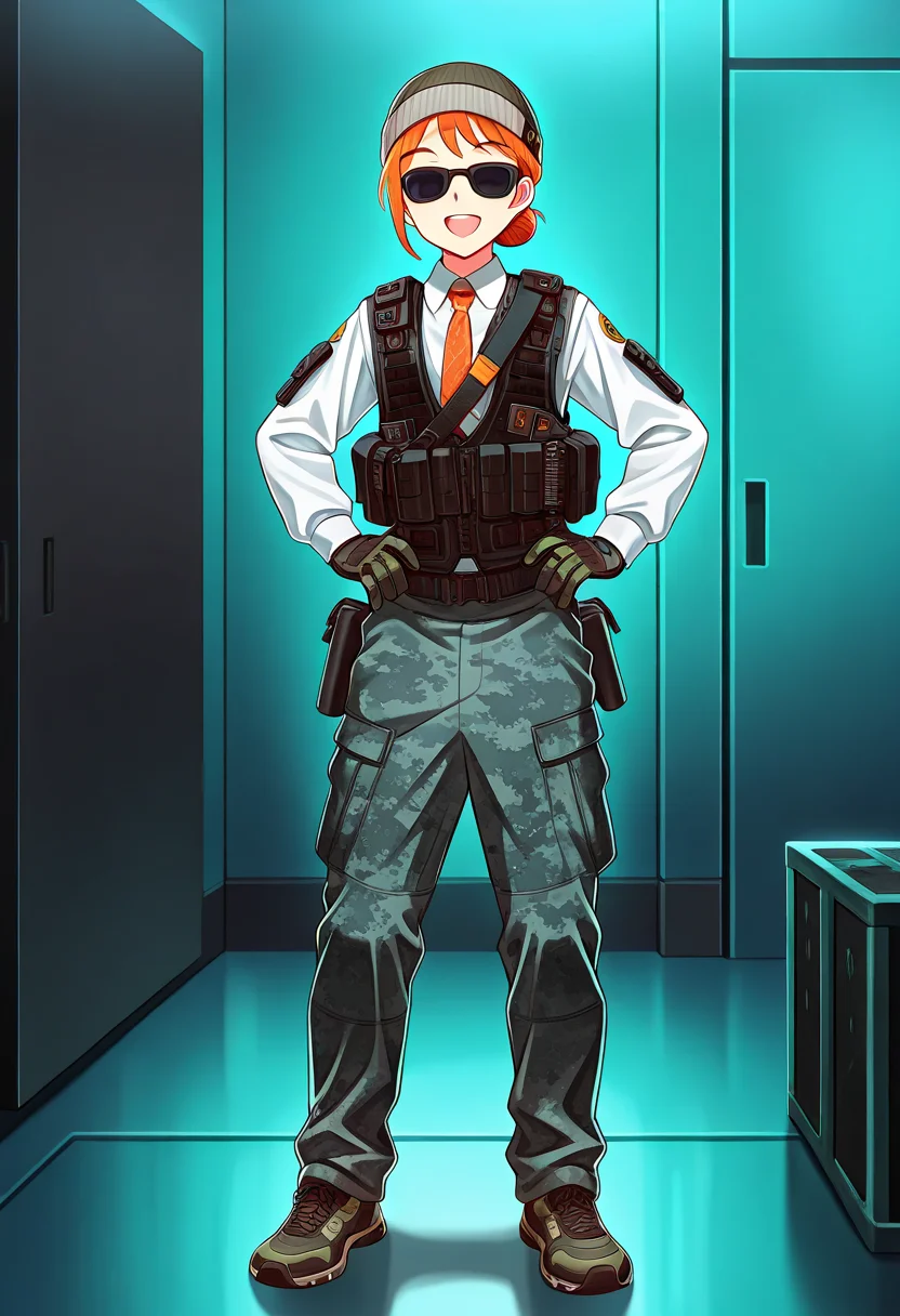 masterpiece,best quality,mid,1girl, <lora:GetawaySally1Illustrious:0.9>, gwscs2,beanie,short hair,orange hair,hair bun,white collared shirt,long sleeves,gloves,sunglasses,orange necktie,vest,tactical gear,pants,shoes,hands on hips,full body,happy,:d,indoors,metal room,(solo:1.2)