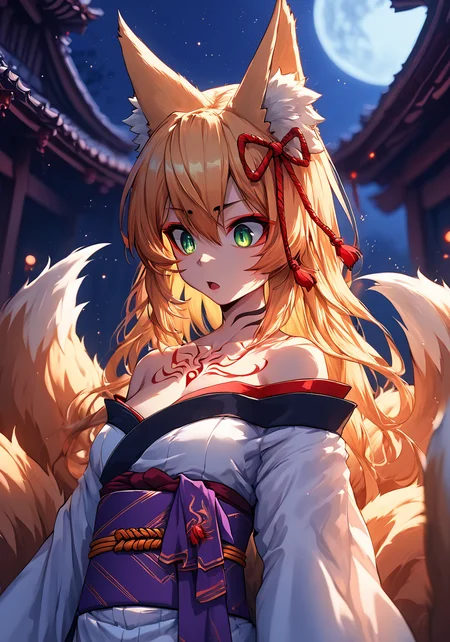 PonyScores7,1girl, Tamamo, masterpiece, best quality, very aesthetic, absurdres, depth of field, blurry background, light particles, bokeh, warm colors, ambient lighting, ,//Character, 1girl, Tamamo, blonde hair, red hair ribbon, long hair, kitsune, green eyes, cat ears, n3ko, ((fox ears)), (fox tail), hidden ears, ((ears under hair)), (red eyeliner), monster girl, slit pupils, multiple tails, red tattoo on chest, BREAK, ,//Background, japanese palace, night, moon, white kimono, sash, upper body, confused, surprised, (dynamic pose) <lora:zy_Detailed_Backgrounds_v1:1.5> <lora:StS_PonyXL_Detail_Slider_v1.4_iteration_3:3> <lora:Anime_Enhancer:1> <lora:Tamamo:0.8>