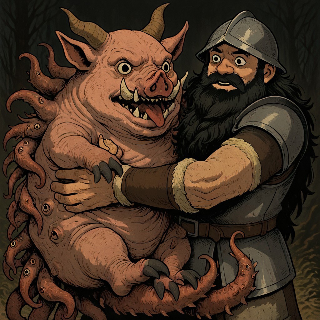 masterpiece, best quality, newest, absurdres, highres, CWKIV1.0, 1boy, Senshi \(dungeon_meshi\), dwarf, helmet, horns, horned helmet, fake horns, beard, black eyes, black hair, monster, hug, oversized animal, pig, eldrich horror, eldrich monster, tentacles,
