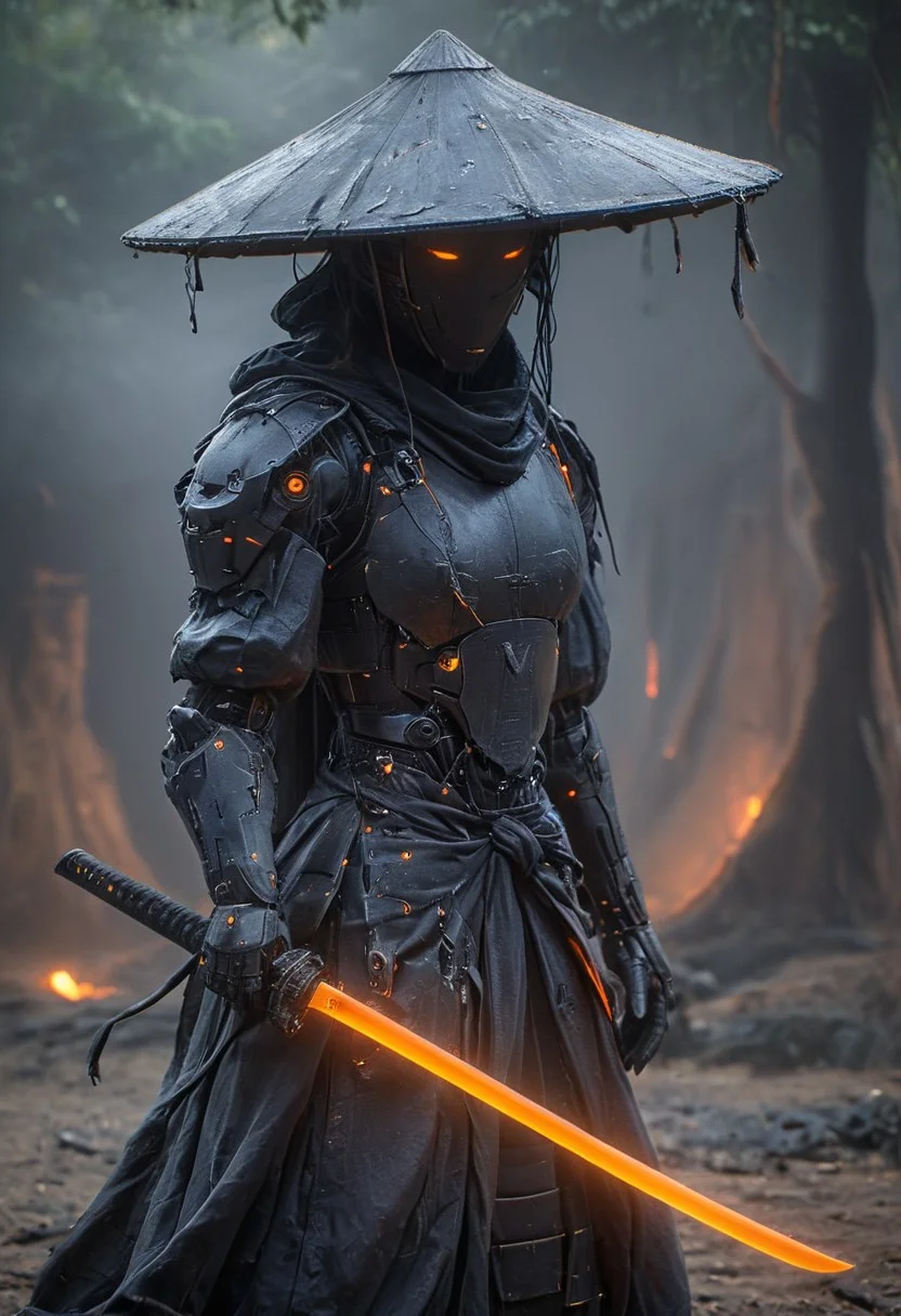 Craft a captivating vibrant dark black-neon caption for a photo capturing the essence of a cyborg Bedouin sorcerer in fight stance, defying expectations by conjuring a whimsical robot 'freak' from an oversized sedge hat. ethereal, smoky backdrop. throwing a translucent orange/tanslucent purple/black iaidow, weapon, katana, holding sword, ready to draw, sheathed, unsheathing, scabbard,,
very detailed, atmospheric haze, Film grain, cinematic film still, shallow depth of field, highly detailed, high budget, cinemascope, moody, epic, OverallDetail, gorgeous, 2000s vintage RAW photo, photorealistic, candid camera, color graded cinematic, eye catchlights, atmospheric lighting, skin pores, imperfections, natural, shallow dof