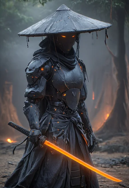 Craft a captivating vibrant dark black-neon caption for a photo capturing the essence of a cyborg Bedouin sorcerer in fight stance, defying expectations by conjuring a whimsical robot 'freak' from an oversized sedge  hat. ethereal, smoky backdrop. throwing a translucent orange/tanslucent purple/black iaidow, weapon, katana, holding sword, ready to draw, sheathed, unsheathing, scabbard,, 
 very detailed, atmospheric haze, Film grain, cinematic film still, shallow depth of field, highly detailed, high budget, cinemascope, moody, epic, OverallDetail, gorgeous, 2000s vintage RAW photo, photorealistic, candid camera, color graded cinematic, eye catchlights, atmospheric lighting, skin pores, imperfections, natural, shallow dof