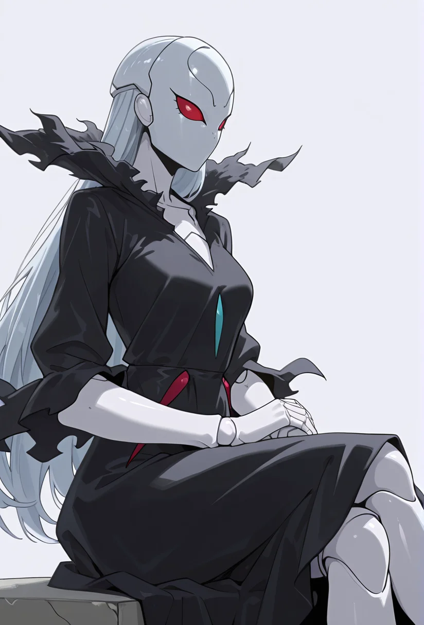 Smooth Quality,masterpiece,very intricate, high quality details, ultra realistic, high detailed skin,detailed enviorement,absurdres,
simple background, white background, 
from side,solo,crossed legs,
 <lora:Berettacnn:0.8>  beretacnn,1girl, long hair,red eyes, (mask:1.1), black dress,silver hair, doll joints, no humans, no mouth,