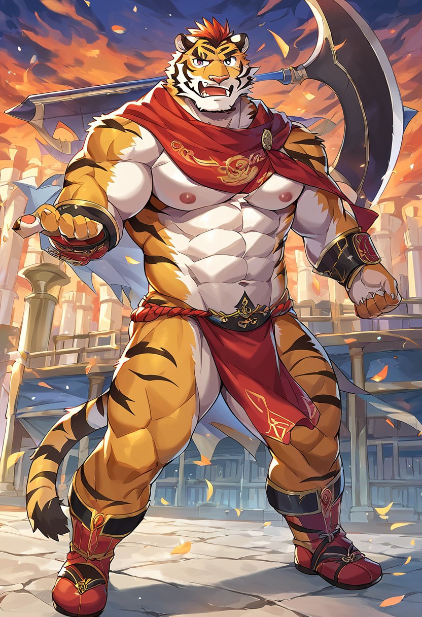 score_9, score_8_up, score_7_up, 1boy, bara, muscular, male focus, furry, anthro, tiger, Berserker's clothes, loincloth, fantasy, Two-handed Greataxe, full body, dynamic pose, coliseum, outside, day, looking at viewer, serious, roar, masterpiece, best quality, amazing quality, FurryHeroes