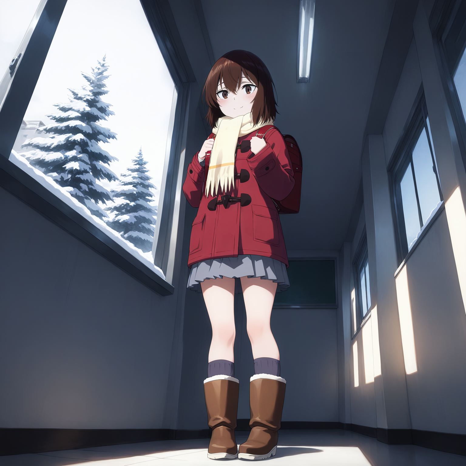 pixiv masterpiece, score_9, score_8_up,  source_anime, score_7_up, best quality, high res, absurd res, 
<lora:Kayo_Hinazuki_Illustrious_v19-000013:1>,kayo_hinazuki_il, 1girl, brown_eyes, short_hair, brown_hair, dark_red_backpack, grey_skirt, red_coat, coat_over_skirt, scarf, solo, window, school, winter outside, faint smile, from below, low angle, boots, dark_grey-purple_socks, full body
