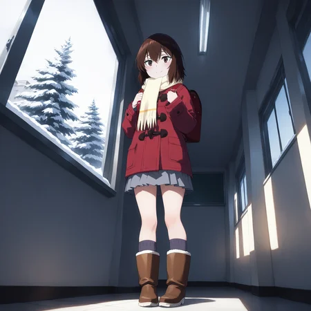 pixiv masterpiece, score_9, score_8_up, source_anime, score_7_up, best quality, high res, absurd res,
<lora:Kayo_Hinazuki_Illustrious_v19-000013:1>,kayo_hinazuki_il, 1girl, brown_eyes, short_hair, brown_hair, dark_red_backpack, grey_skirt, red_coat, coat_over_skirt, scarf, solo, window, school, winter outside, faint smile, from below, low angle, boots, dark_grey-purple_socks, full body