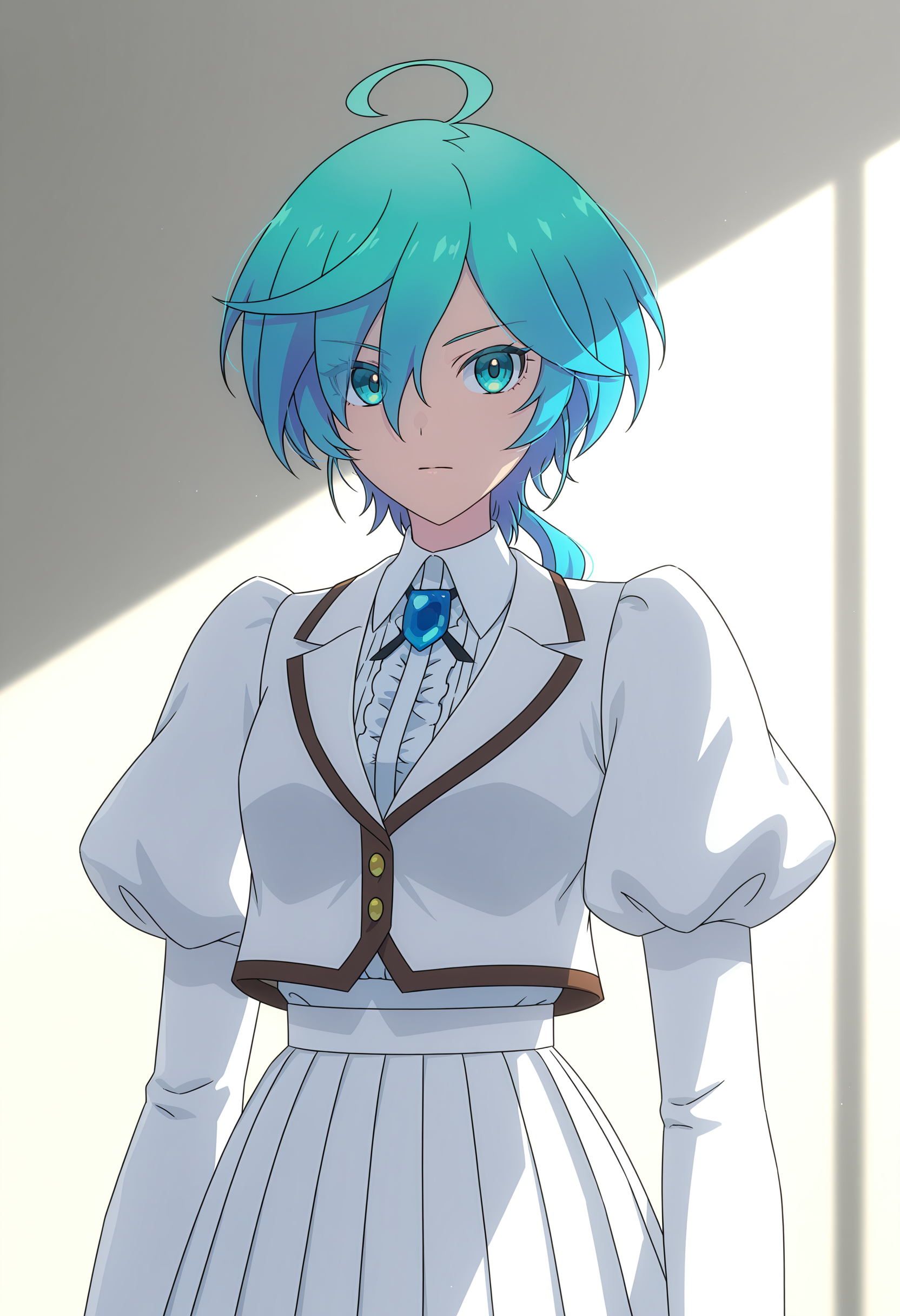 <lora:Isemi Tina_illustrious-000052:1>,
Isemi Tina,solo,ahoge,looking at viewer,white skirt,skirt,long sleeves,puffy sleeves,shirt,closed mouth,jacket,white shirt,juliet sleeves,jewelry,brooch,pleated skirt,low ponytail,aqua hair,