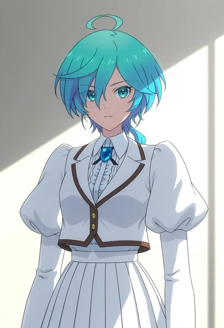 <lora:Isemi Tina_illustrious-000052:1>,
Isemi Tina,solo,ahoge,looking at viewer,white skirt,skirt,long sleeves,puffy sleeves,shirt,closed mouth,jacket,white shirt,juliet sleeves,jewelry,brooch,pleated skirt,low ponytail,aqua hair,