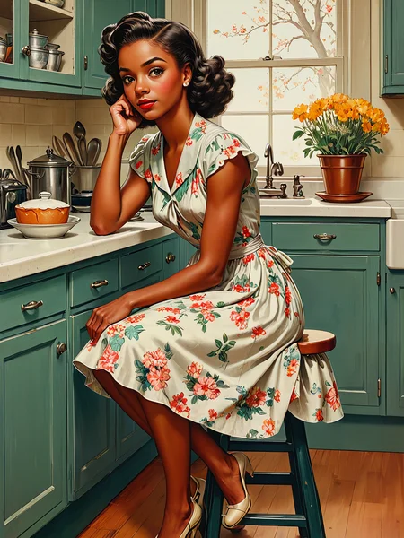 Illustration. 1940s poster art.
A cute young black woman, in a sweet spring floral dress. Sitting on a stool in the kitchen. Leaning her elbow on the counter.
Norman Rockwell style.
<lora:PinupGirl01e_CE_XL_300-OT:0.4> pnpgrlCE_style