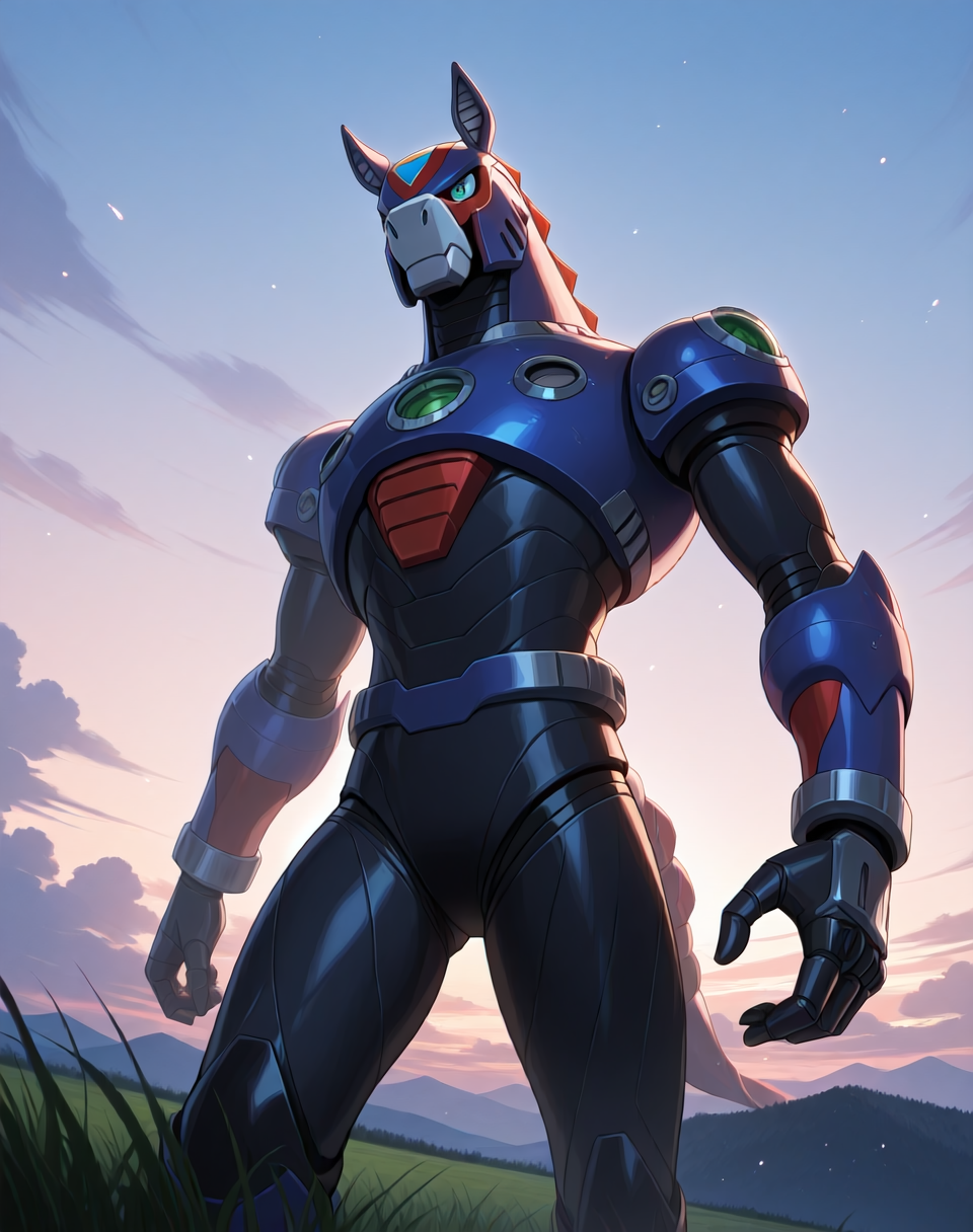<lora:Reploid_(Mega_Man_X)_(Illustrious)_(AD):1.5> reploid, MMX, 
exterior, sky with clouds, grassy valley,
male focus, intense shadows, dynamic shadows, intricate details, attention to details, gradient coloring, bright vivid colors, robot, bent leg, glossy metal body, cowboy shot, horse reploid, 
BREAK very awe, masterpiece, best quality, amazing quality, very aesthetic, highres, absurdres,  
EZRealPONYXL, zPDXL, Smooth Quality, lazynsfw,
