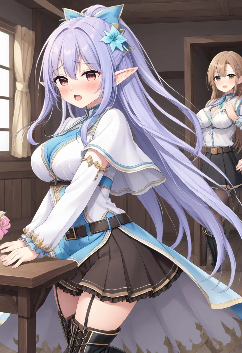 - a girl with blue hair with original hair style
- A soft cotton priestess dress
- A flowy, black-brown skirt (just above the knee)
- black thighhighs
- A pair of black boots
- mountain trail
- tulip flower
- magic time straped on belt
- high ponytails hair style (1.5)
- from side( caught while doing masturbate using tip pointy table)
- emotionless
- smooth skin
- HORNY