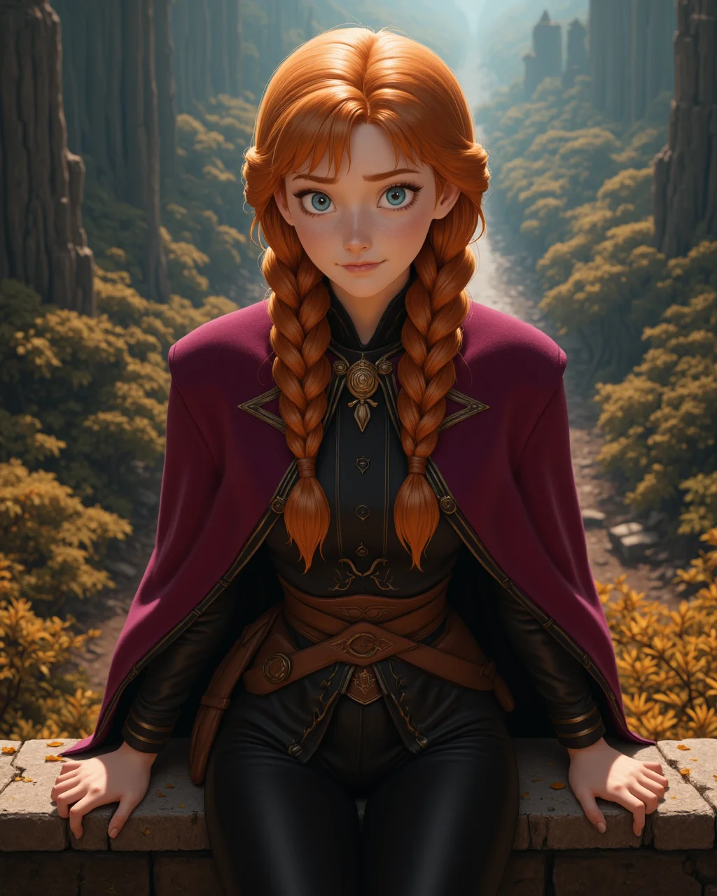 hyperRealistic Style in a wide shot. Looking at viewer, outdoors in daylight, Vengeful with a cold stare, clenched fists, and a determined, hard expression.
<lora:Frozen_-_Anna_v2_000030:1> f-anna an adult 25 year old woman she has blue eyes, orange hair and a freckled face. strawberry-blonde hair in twin braids, wearing
a young woman with strawberry-blonde hair flowing freely, wearing a dark magenta travel coat with high collar and golden trim, black long-sleeved tunic underneath, belted waist with brown leather sash, black pants tucked into tall brown leather boots, golden brooch fastening cloak, exposed hands with visible fingers, confident stance, autumn forest background, cinematic lighting, full body
520. Leaning on a vine-covered wall, with a bashful smile, flower petals stuck to her clothes The Floating Isles of Glass â High above the earth, they step across a series of floating islands made entirely of translucent glass. The islands are delicate, and each one houses a different environment, from tranquil gardens to desolate ruins, all suspended in the sky.