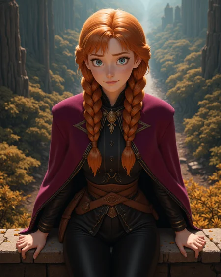 hyperRealistic Style in a wide shot. Looking at viewer, outdoors in daylight, Vengeful with a cold stare, clenched fists, and a determined, hard expression.
<lora:Frozen_-_Anna_v2_000030:1> f-anna an adult 25 year old woman she has blue eyes, orange hair and a freckled face. strawberry-blonde hair in twin braids, wearing
a young woman with strawberry-blonde hair flowing freely, wearing a dark magenta travel coat with high collar and golden trim, black long-sleeved tunic underneath, belted waist with brown leather sash, black pants tucked into tall brown leather boots, golden brooch fastening cloak, exposed hands with visible fingers, confident stance, autumn forest background, cinematic lighting, full body
520. Leaning on a vine-covered wall, with a bashful smile, flower petals stuck to her clothes The Floating Isles of Glass â High above the earth, they step across a series of floating islands made entirely of translucent glass. The islands are delicate, and each one houses a different environment, from tranquil gardens to desolate ruins, all suspended in the sky.