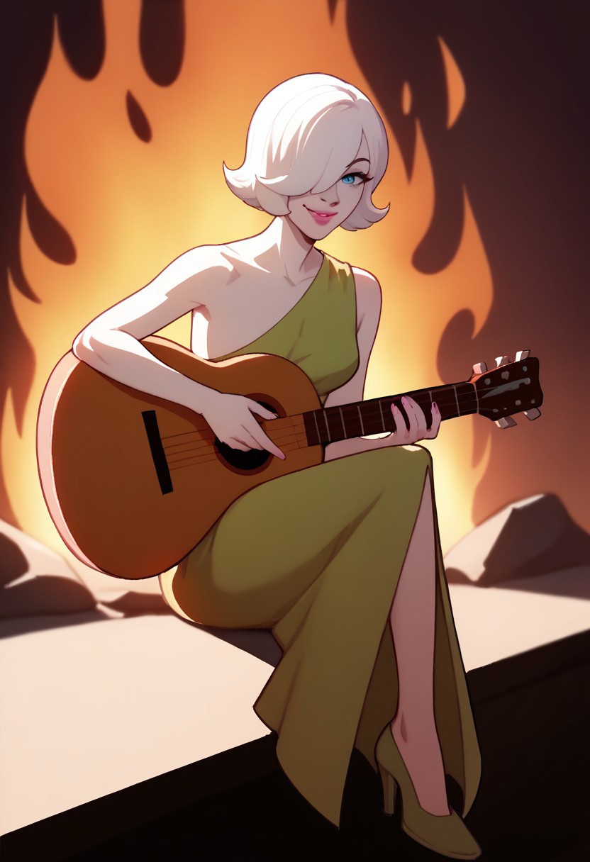 score_9, score_8_up, score_7_up BREAK KittenCrg, 1girl, white bob cut, blue eyes, hair covering one eye, pink lipstick, pink nails, green one shoulder dress, bare legs, high-heeled green shoes, smiling at viewer, firey chimney behind, chimney fire behind, playing guitar,