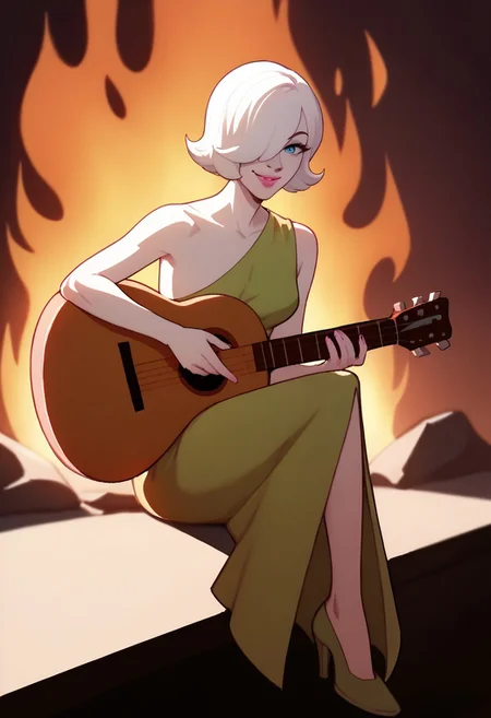 score_9, score_8_up, score_7_up BREAK KittenCrg, 1girl, white bob cut, blue eyes, hair covering one eye, pink lipstick, pink nails, green one shoulder dress, bare legs, high-heeled green shoes, smiling at viewer, firey chimney behind, chimney fire behind, playing guitar,