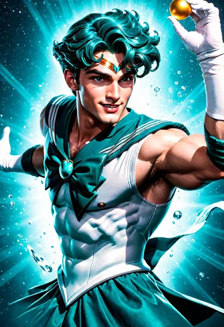 League of Legends, 1male, male focus, riot style, digital art, concept art, realistic, fantasy, 4k, best quality, masterpiece, extremely detailed, very detailed face, very detailed eyes, dynamic angle, seen from above, perspective shot, dynamic pose, fighting pose, 3D, vintage sci fi poster of a thin male, MAN, MALE, tall, gorgeous, male model, stunning, teal hair, wavy hair, long hair, hair to the shoulders, combed hair, fingerwave hairstyle, round face, huge plumped lips, big lips, blushed, videogame eyes, man only, seductive, beautiful, romantic, smirking, wearing a sailor neptune dress, sailor senshi uniform, holding a hand mirror, flying in space, surrounded by water, (cinematic light, volumetric), Cinematic Shot, splash art